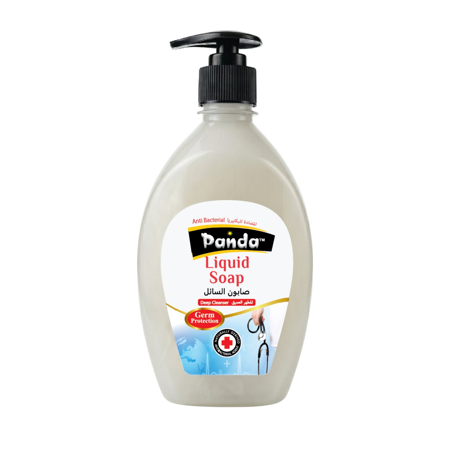 Panda liquid soap bottle with pump on a white background