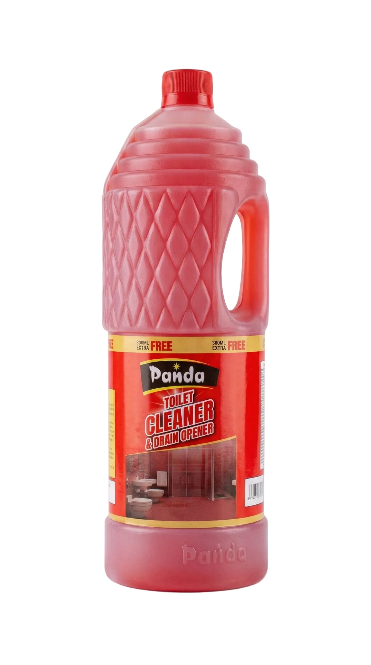Red bottle of Panda Toilet Cleaner on a white background