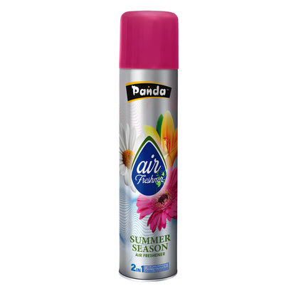 Panda air freshener can with pink cap and floral design on a white background