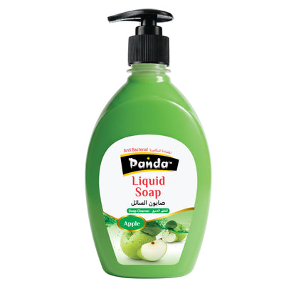 Green bottle of Panda Liquid Soap with pump dispenser on a white background
