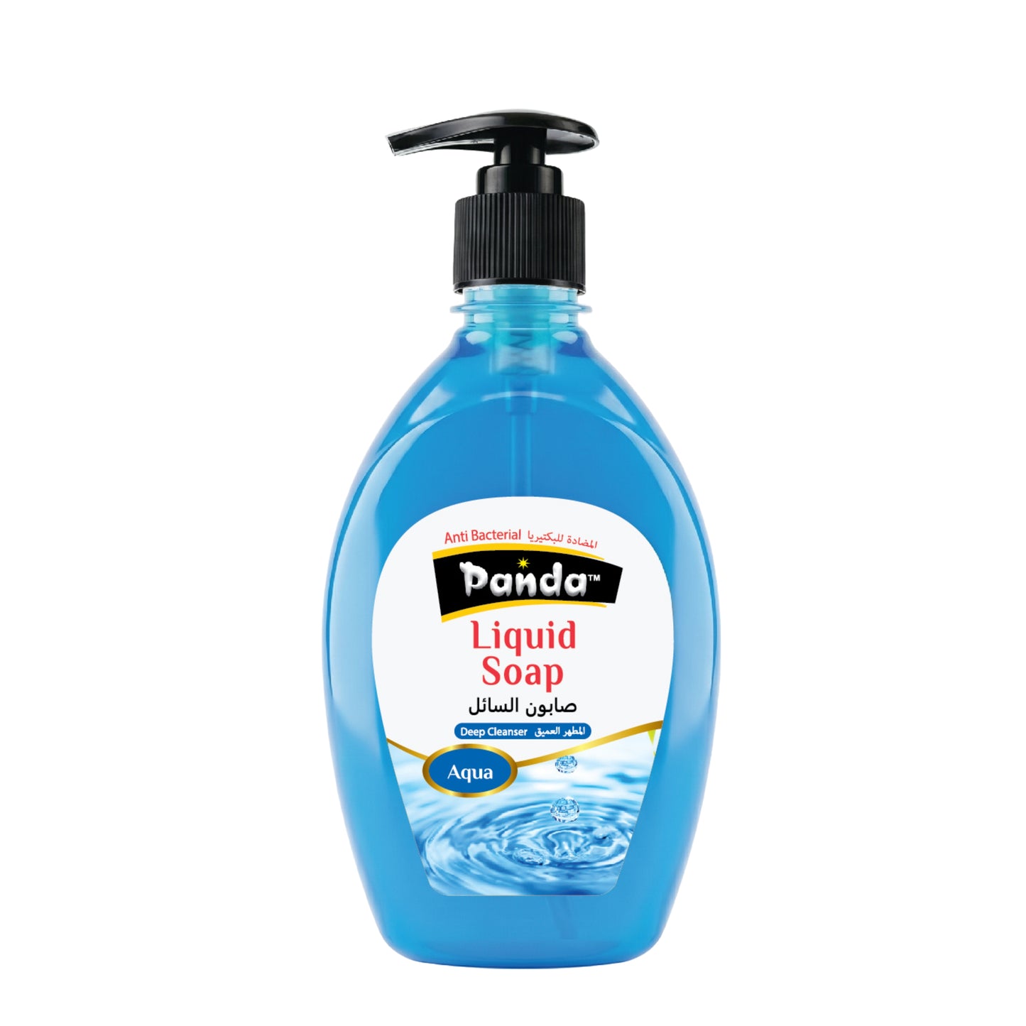 Blue bottle of Panda liquid soap with a pump on a white background