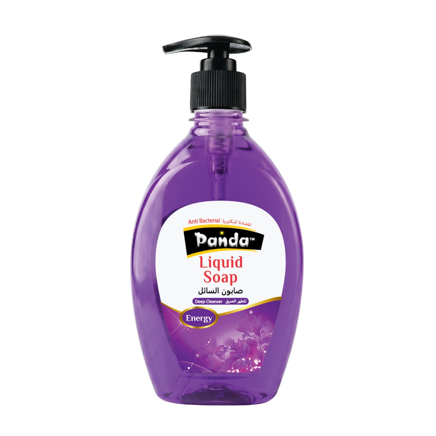 Purple bottle of Panda Liquid Soap with a pump on a white background