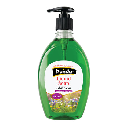 Green bottle of Panda liquid soap with pump on a white background