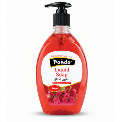 Red bottle of Panda Liquid Soap with a pump dispenser on a white background