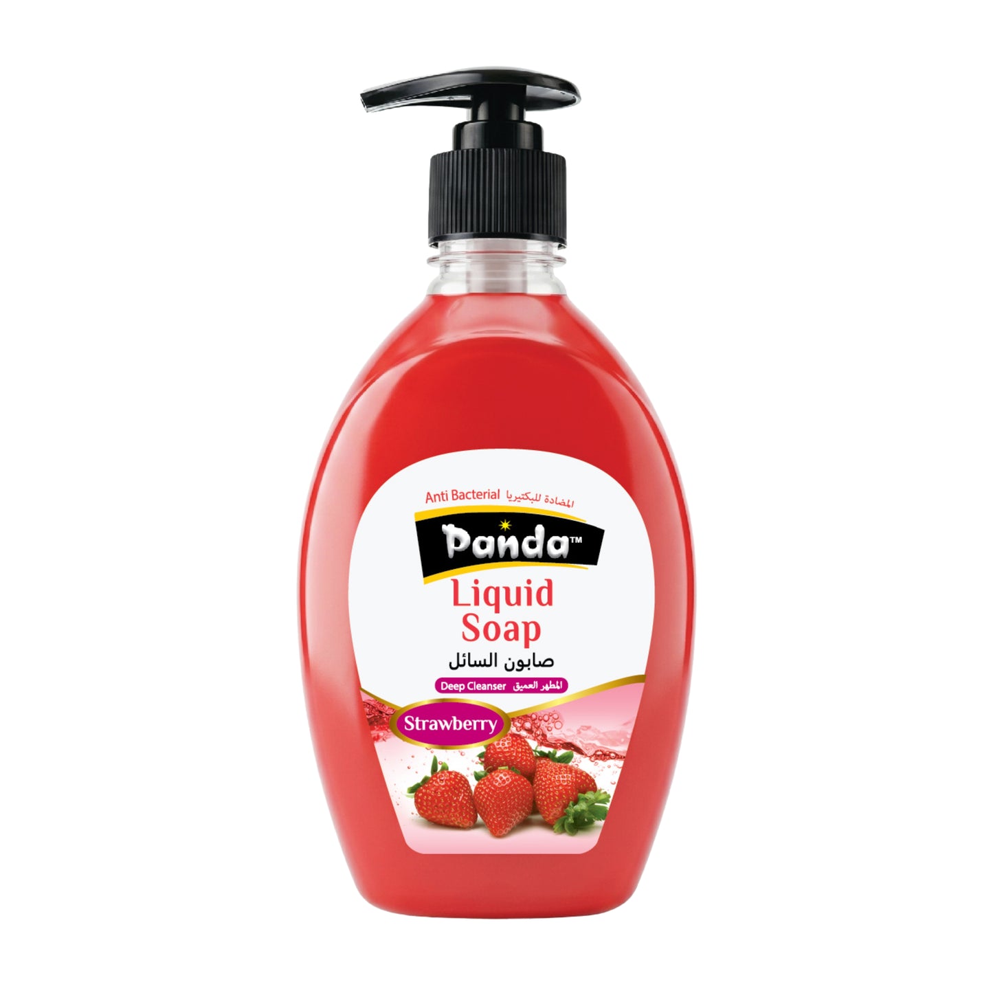Red bottle of Panda Strawberry Liquid Soap with pump on a white background