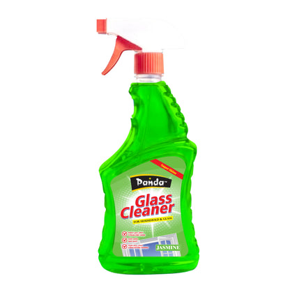 Green bottle of Panda Glass Cleaner with a red spray nozzle on a white background