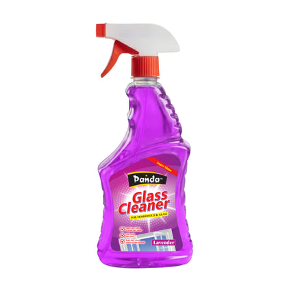 Purple bottle of Panda Glass Cleaner with a red spray nozzle on a white background