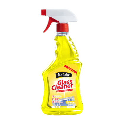 Yellow bottle of Panda Glass Cleaner with a red spray nozzle on a white background
