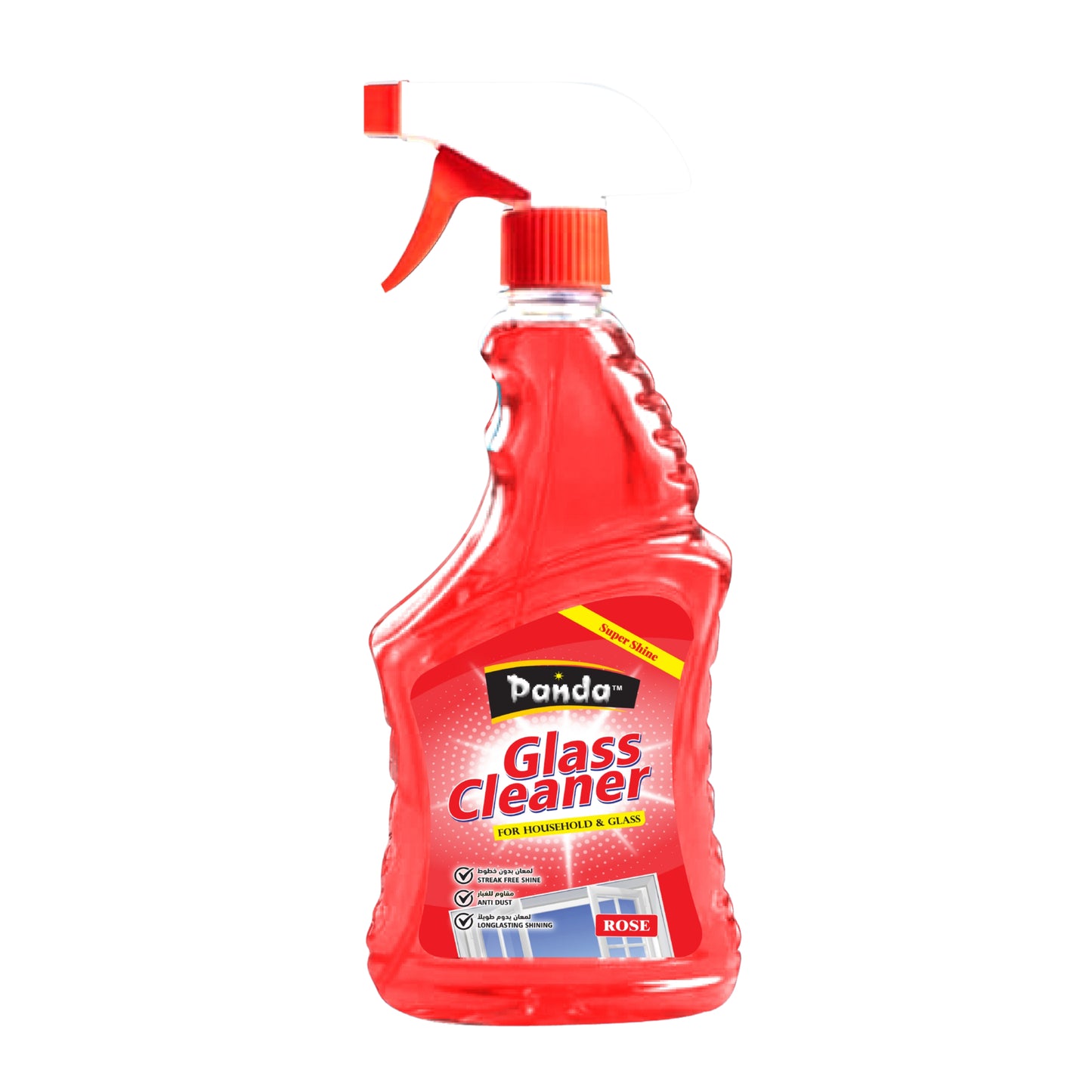 Red bottle of Panda Glass Cleaner with a spray nozzle on a white background