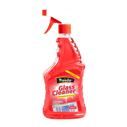Red bottle of Panda Glass Cleaner with a spray nozzle on a white background
