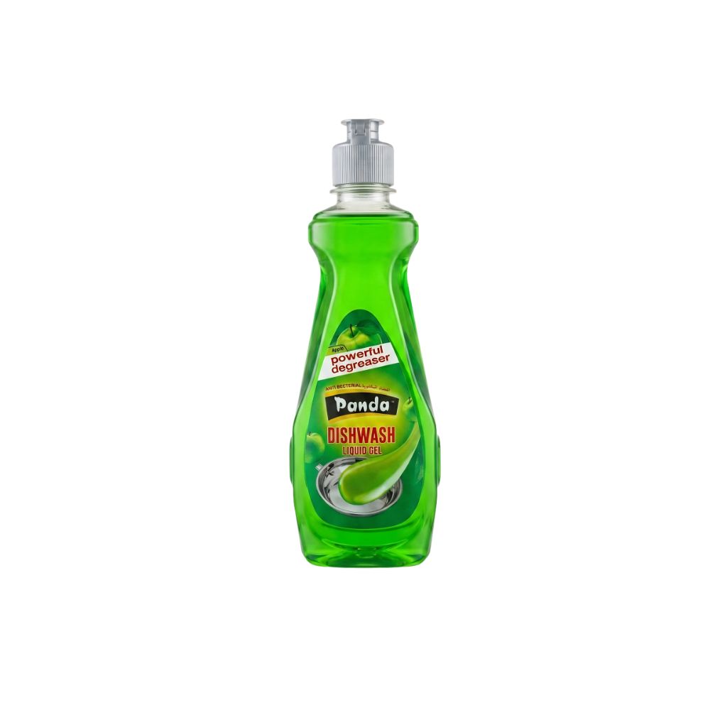 Green bottle of Panda dishwash liquid on a white background