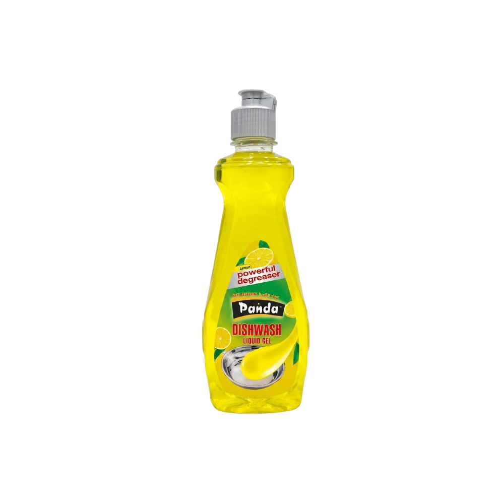 Yellow bottle of Panda dishwash liquid with a lemon graphic on a white background