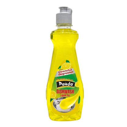 Yellow bottle of Panda dishwash liquid with a pump on a white background