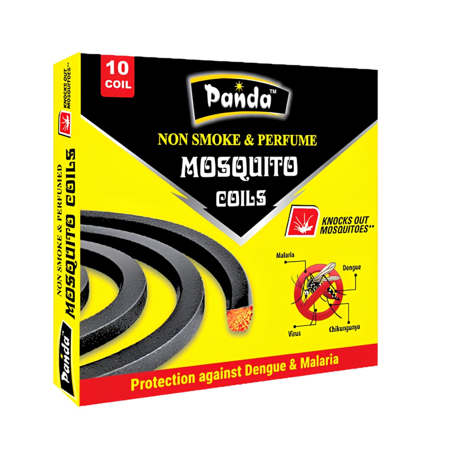 Box of Panda non-smoke and perfume mosquito coils with yellow and black design.