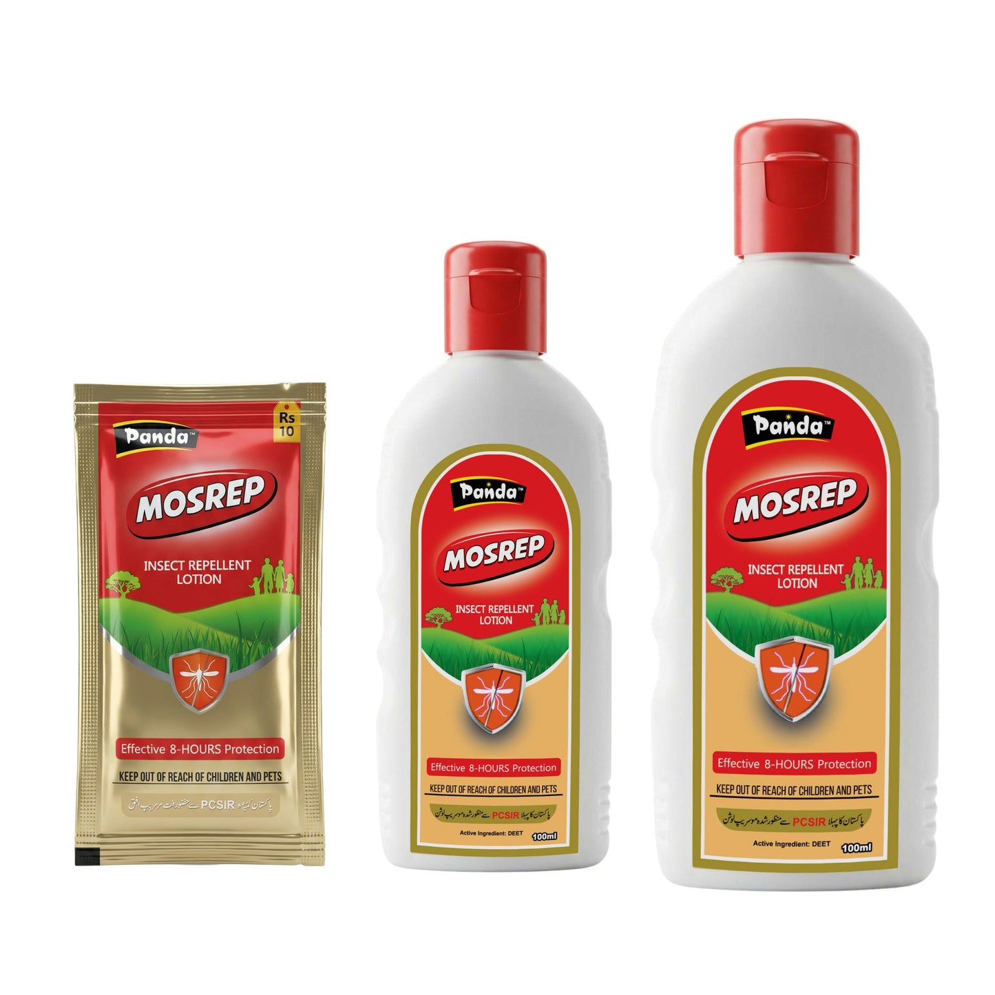 Panda Mosrep insect repellent products including a pouch and two bottles on a white background.