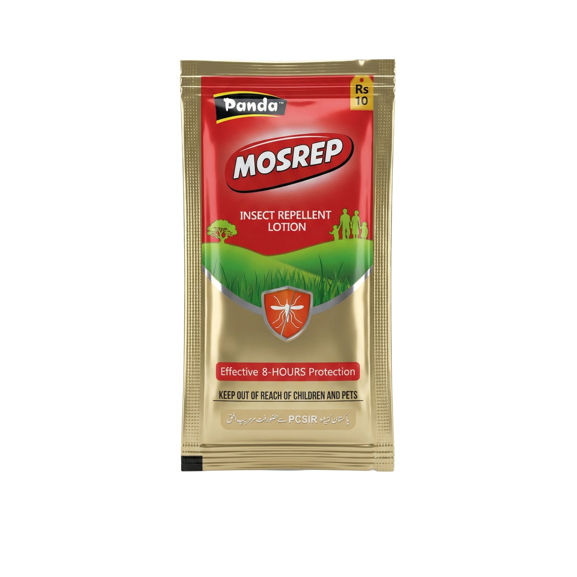 Mosrep insect repellent lotion packet with Panda brand on a white background