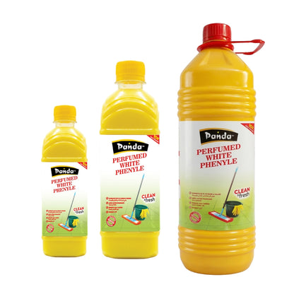 Three bottles of Panda Perfumed White Phenyle on a white background