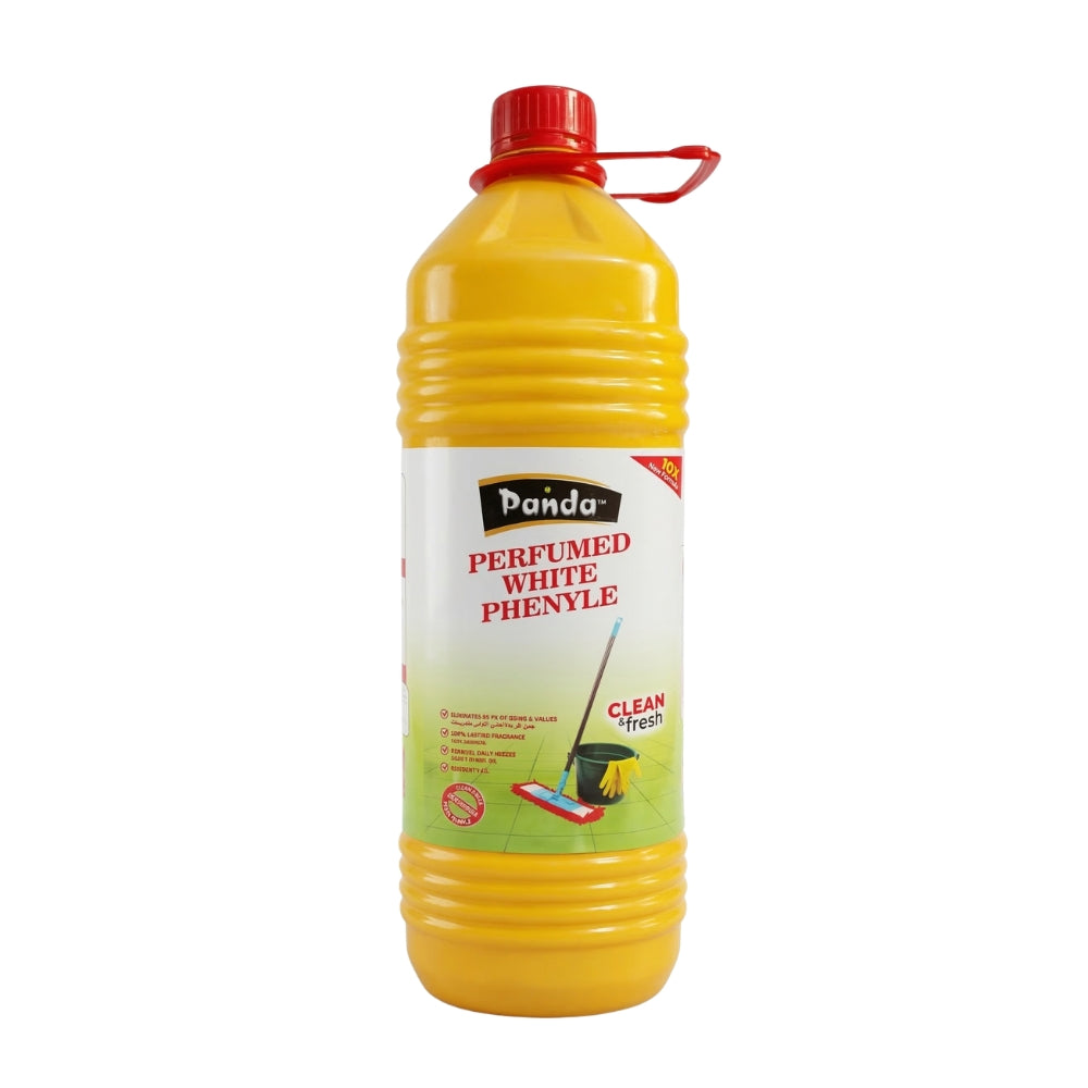 Yellow bottle of Panda Perfumed White Phenyle cleaner on a white background