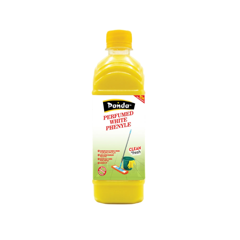 Yellow bottle of Panda Perfumed White Phenyle cleaner on a white background