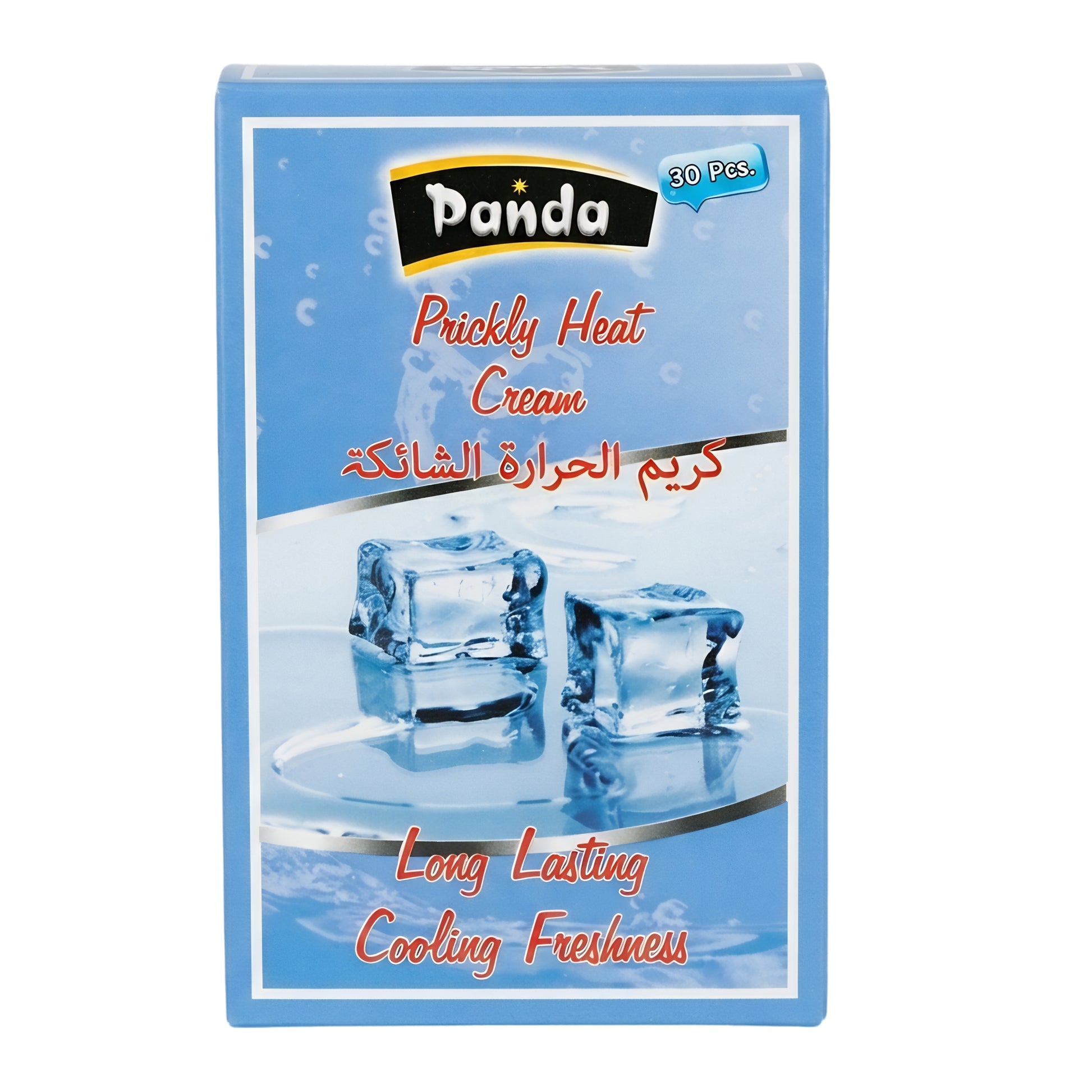 Panda Prickly Heat Cream packaging with ice cubes on a blue background