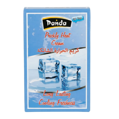 Panda Prickly Heat Cream packaging with ice cubes on a blue background