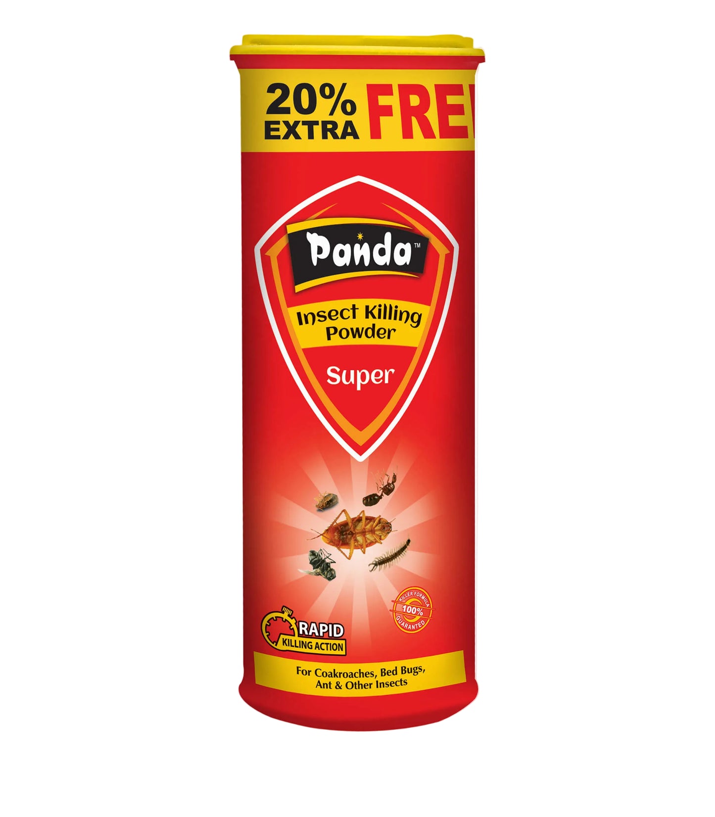 Red can of Panda Insect Killing Powder with yellow accents on a white background