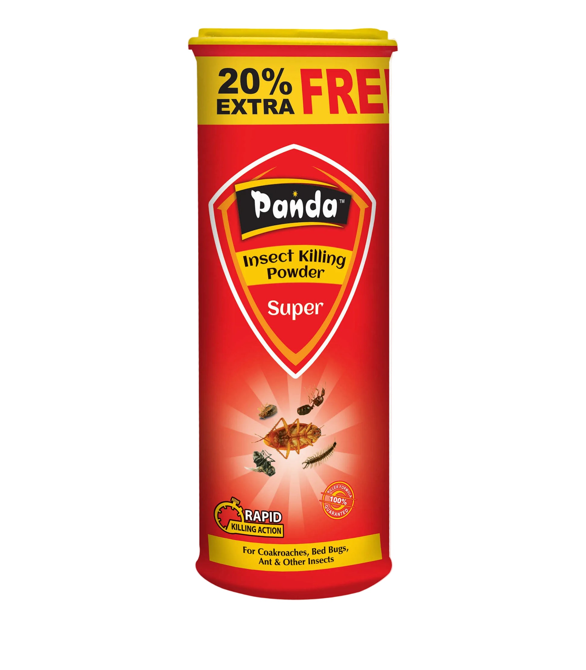 Red can of Panda Insect Killing Powder with yellow accents on a white background